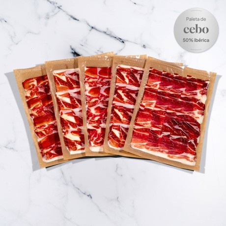 Presunto Cebo ibérico 50% - 5x90g - Corte Tradicional | Ombro Paleta ibérica Fatiado