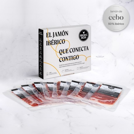 Geschnittener 50 % iberischer Cebo Schinken Karton – 8 x 50 g | Iberischer Schinken