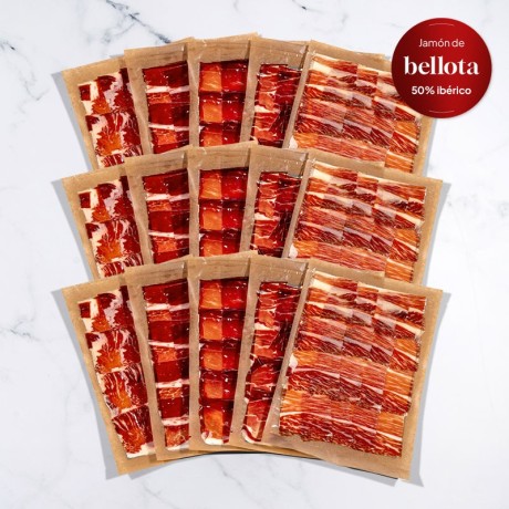 Ibérico Iberischer Schinken 50 % – 5 x 100 g – traditioneller Schnitt | Geschnittener Iberischer Schinken